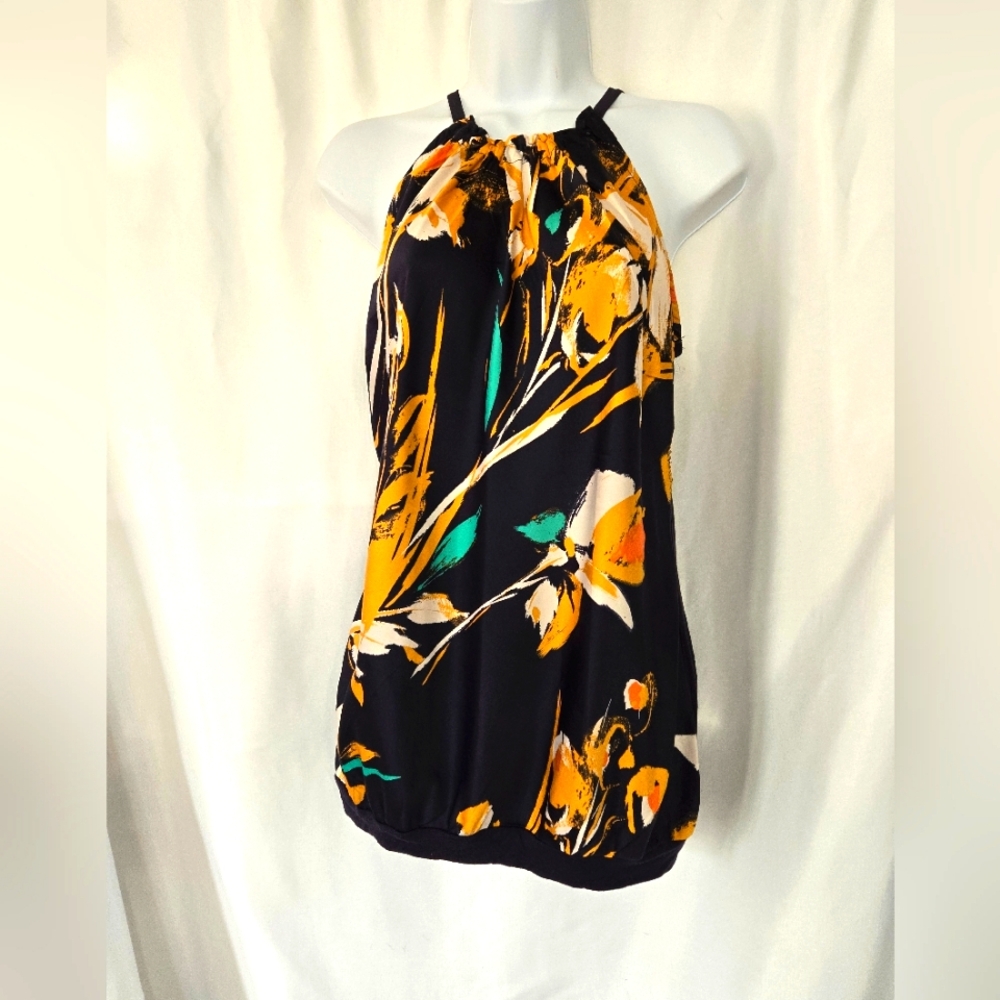 The Limited Sleeveless Halter Blouse, Navy with gold print. Size M